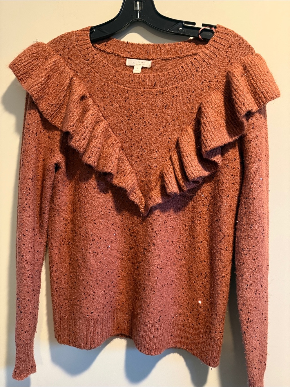 LC Lauren Conrad Rust Sparkle Ruffle Crewneck Sweater